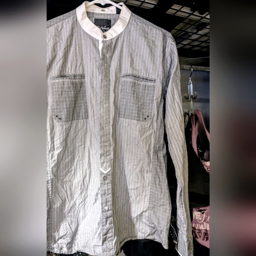 Men's Civil Society Gray/White Pinstripe Button Down Long Sleeve Shirt